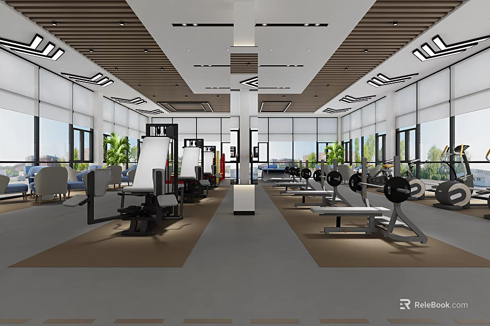 Modern Fitness Gym Interior With Spacious Layout Workout Equipment And Large Windows 3d model 