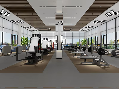 Modern Fitness Gym Interior With Spacious Layout Workout Equipment And Large Windows 3d model