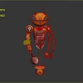 Orange Mechanical Robot Character with Antenna Wheels Red Bow Tie and Tool Arms