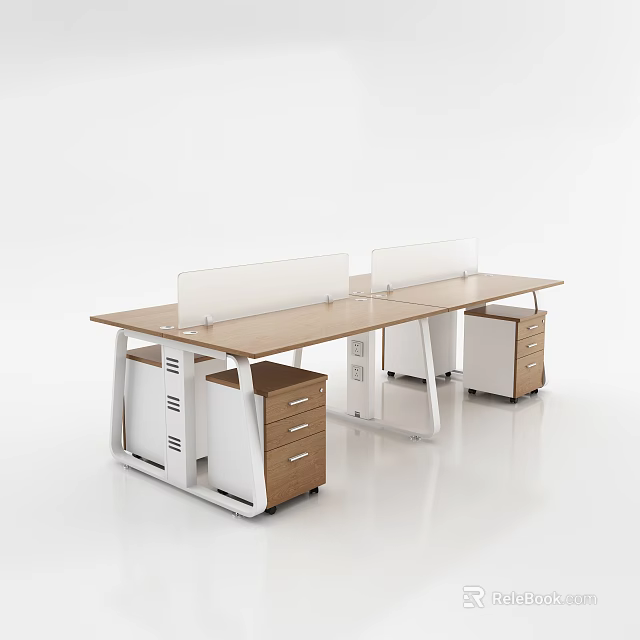 Double Workstation Office Desk With Wooden Top Divider Panel And Drawer Cabinets 3d model 
