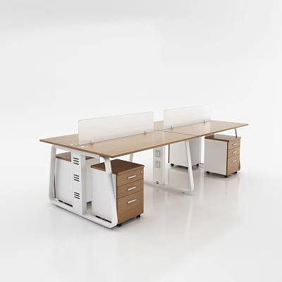 Double Workstation Office Desk With Wooden Top Divider Panel And Drawer Cabinets 3d model