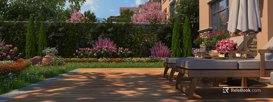 Natural Garden Landscape With Wooden Deck Greenery Wall Purple Flowers And Wooden Benches 3d model 