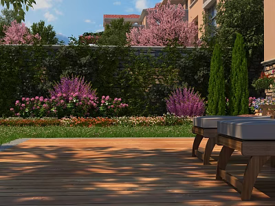 Natural Garden Landscape With Wooden Deck Greenery Wall Purple Flowers And Wooden Benches 3d model