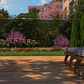 Natural Garden Landscape With Wooden Deck Greenery Wall Purple Flowers And Wooden Benches