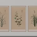 Three Framed Botanical Paintings Featuring Different Plants In Light Wooden Frames On Wall