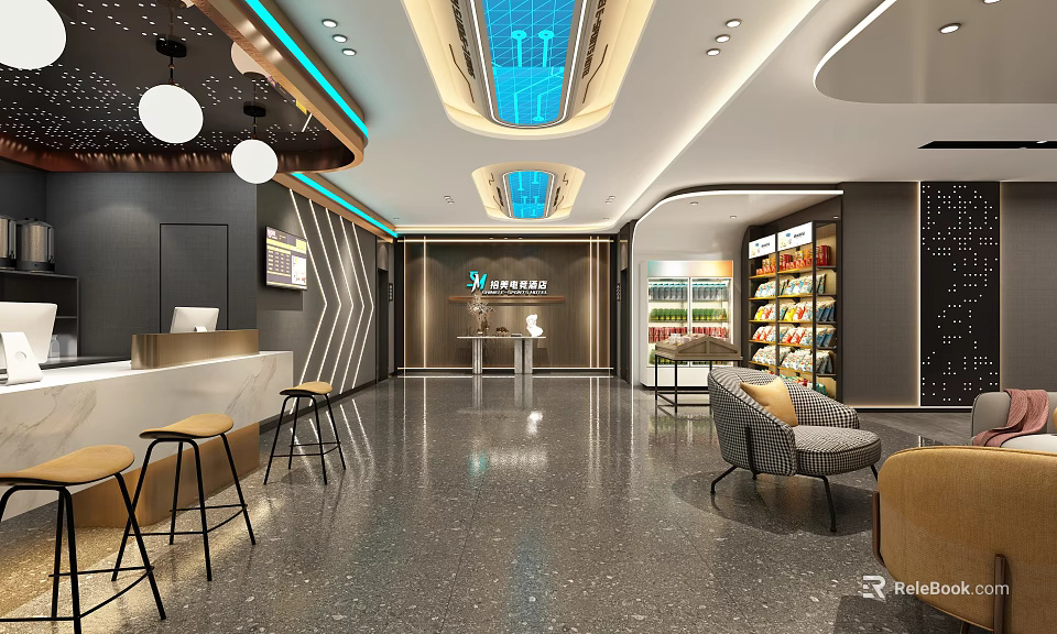 Modern Commercial Interior Design With Reception Counter Seating And Product Shelves 3d model 