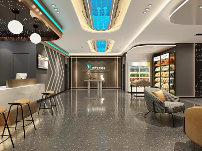 Modern Commercial Interior Design With Reception Counter Seating And Product Shelves 3d model