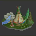 Cozy Tepee Camping Furniture With Green Trees Stream And Campfire