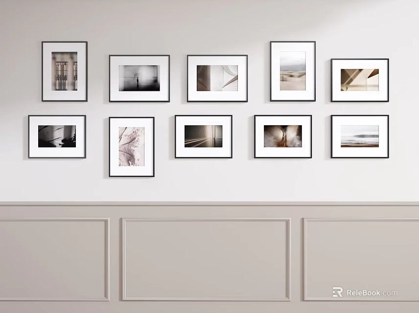 Minimalist Photo Wall With Black Frames On White Wall And Light Decorative Panels 3d model 