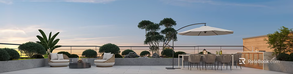 Outdoor Terrace With Wicker Sofa Dining Table Chairs Umbrella Green Trees And Sky Background 3d model 