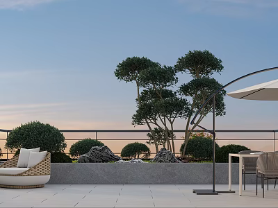 Outdoor Terrace With Wicker Sofa Dining Table Chairs Umbrella Green Trees And Sky Background 3d model