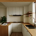 Cozy Modern Kitchen Interior With Window Blinds Green Plant Open Shelves And Countertop