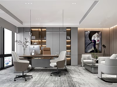 Elegant Modern Office Interior With Desk Chairs Sofa Painting Bookshelves Pendant Lights And Windows 3d model