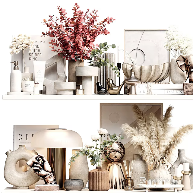 Elegant Modern Decorative Ornament Combination With Vases Flowers Pampas Grass And Sculptures On Shelf 3d model 