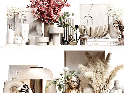 Elegant Modern Decorative Ornament Combination With Vases Flowers Pampas Grass And Sculptures On Shelf 3d model