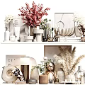 Elegant Modern Decorative Ornament Combination With Vases Flowers Pampas Grass And Sculptures On Shelf