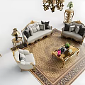 Elegant Luxury Sofa and Coffee Table Set with Gold Frame Ornate Rug and Chandelier