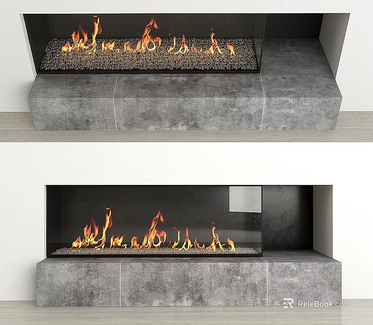 Modern Indoor Fireplace Featuring Bright Flames and Grey Stone Base Design 3d model 