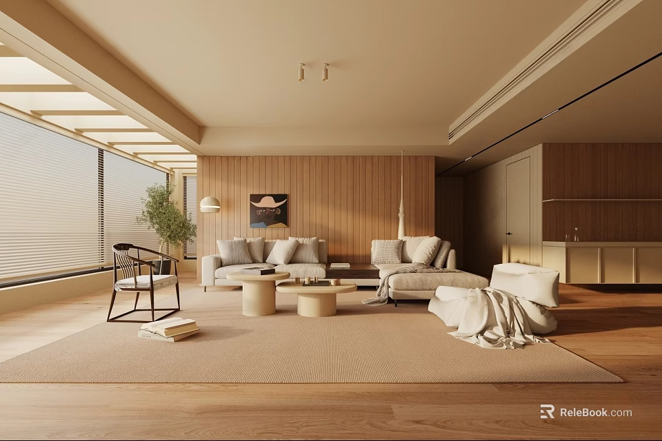 Modern Living Room with Wooden Walls Large Windows Beige Sofa Coffee Tables and Green Plant 3d model 