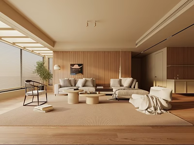 Modern Living Room with Wooden Walls Large Windows Beige Sofa Coffee Tables and Green Plant 3d model