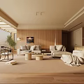 Modern Living Room with Wooden Walls Large Windows Beige Sofa Coffee Tables and Green Plant