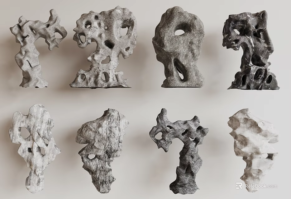 Natural Stone Wood Decorative Pieces With Unique Hollow Shapes And Ornamental Carvings 3d model 