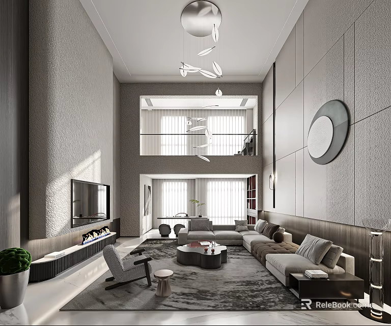 Modern Duplex Living Room Interior Design With Double Height Space Sofa TV Wall And Lights 3d model 