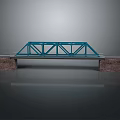 Blue Steel Truss Bridge Structure With Brick Red Piers And Metal Frame
