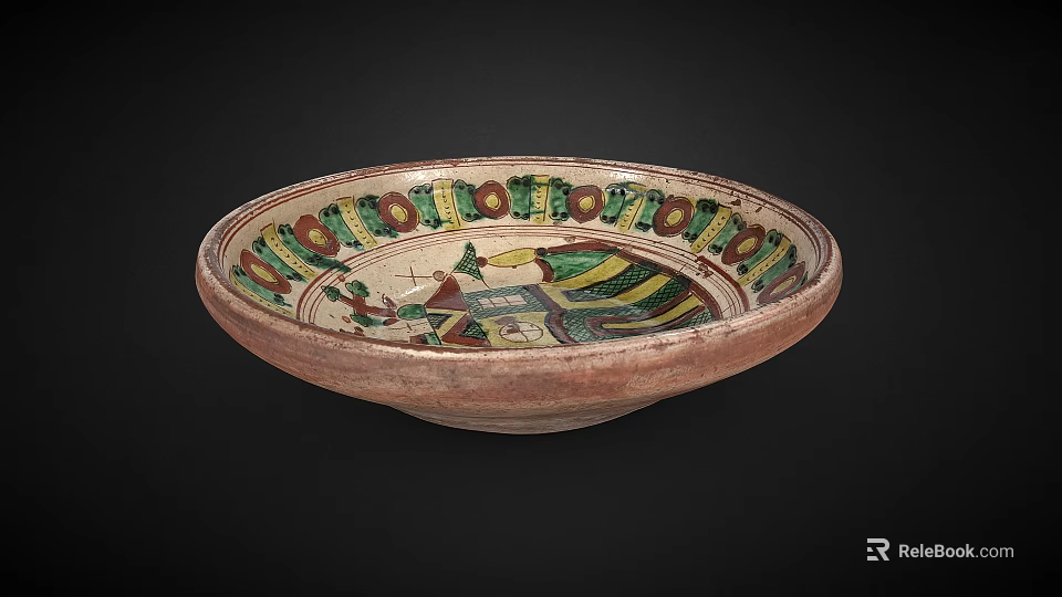 Traditional Ceramic Bowl With Colorful Decorative Rim And Intricate Painted Design 3d model 