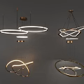 Modern Chandeliers With Brass Frames LED Light Strips And Curved Circular Designs 3d model