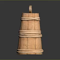 Traditional Wooden Container With Woven Rattan Bands Heart Shaped Handle And Wooden Spout