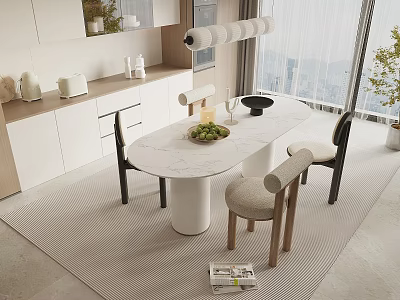 Contemporary Restaurant Interior With Minimalist Design Open Layout Marble Table White Cabinets And Urban View 3d model