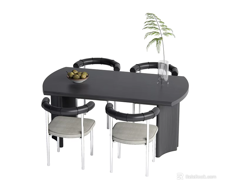 Black Dining Table Set With Four Grey Seated Chairs Silver Legs Fruit Bowl And Plant 3d model 