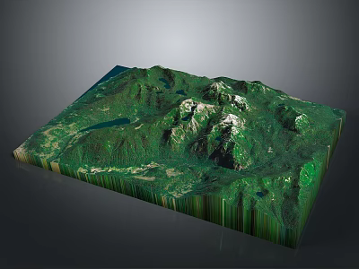 3D Mountain Terrain Model With Green Vegetation Snowy Peaks And Lakes 3d model