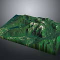 3D Mountain Terrain Model With Green Vegetation Snowy Peaks And Lakes
