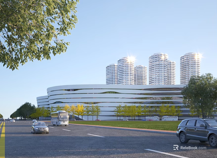 Modern Office Building Exterior With Road Vehicles Trees And Blue Sky White Clouds 3d model 