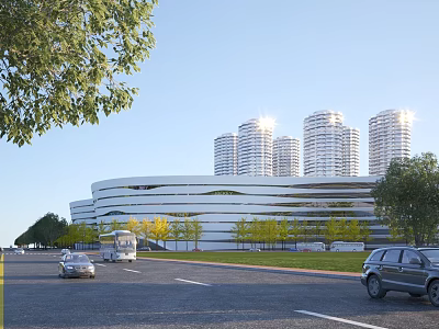 Modern Office Building Exterior With Road Vehicles Trees And Blue Sky White Clouds 3d model