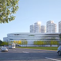 Modern Office Building Exterior With Road Vehicles Trees And Blue Sky White Clouds