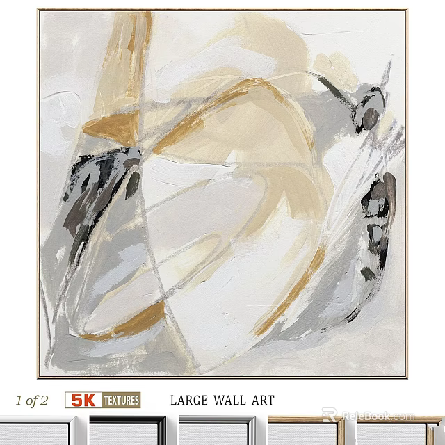 Abstract Painting Frame With Neutral Tones Gold Accents And Curved Lines 3d model 