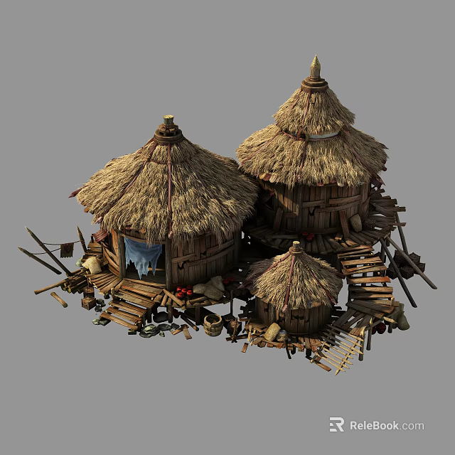 Traditional Rustic Thatched Hut Structures with Wooden Platforms Stairs and Tools 3d model 