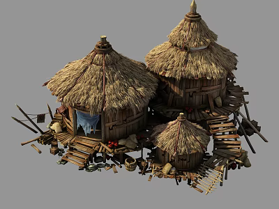 Traditional Rustic Thatched Hut Structures with Wooden Platforms Stairs and Tools 3d model