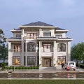 Two Story Detached Villa With Blue Roof Balconies Landscaped Garden And Driveway