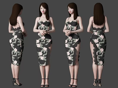 Elegant Woman Wearing Black Floral Dress with Slit Design and High Heels 3d model