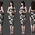 Elegant Woman Wearing Black Floral Dress with Slit Design and High Heels