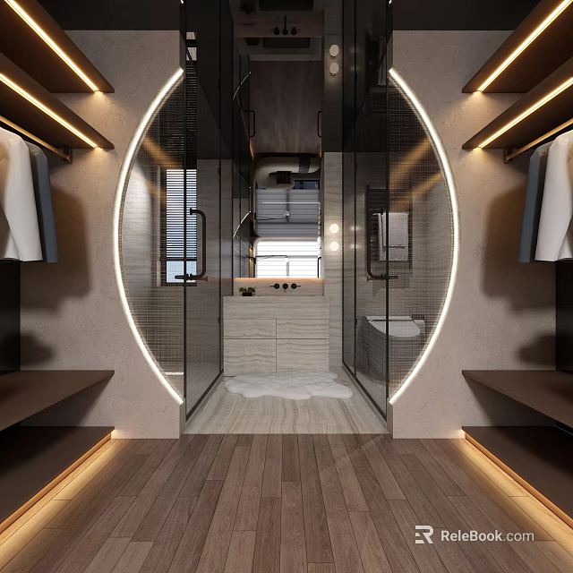 Modern Bathroom Interior With Circular Glass Enclosure Wooden Flooring And Accent Lighting 3d model 