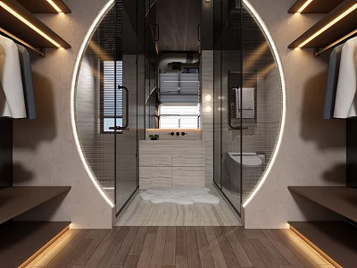 Modern Bathroom Interior With Circular Glass Enclosure Wooden Flooring And Accent Lighting 3d model