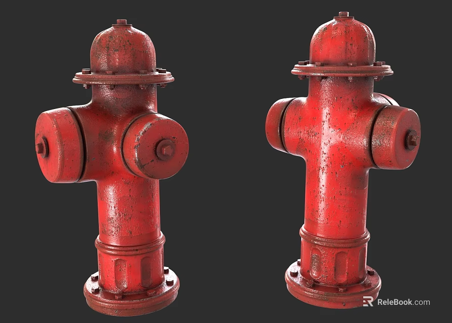 Two Detailed Red Rusty Fire Hydrants 3D Rendered On Dark Background 3d model 
