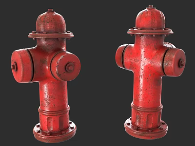Two Detailed Red Rusty Fire Hydrants 3D Rendered On Dark Background 3d model