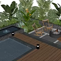 Courtyard Garden Design With Water Pool Lush Plants Fire Pit And Wooden Deck Area