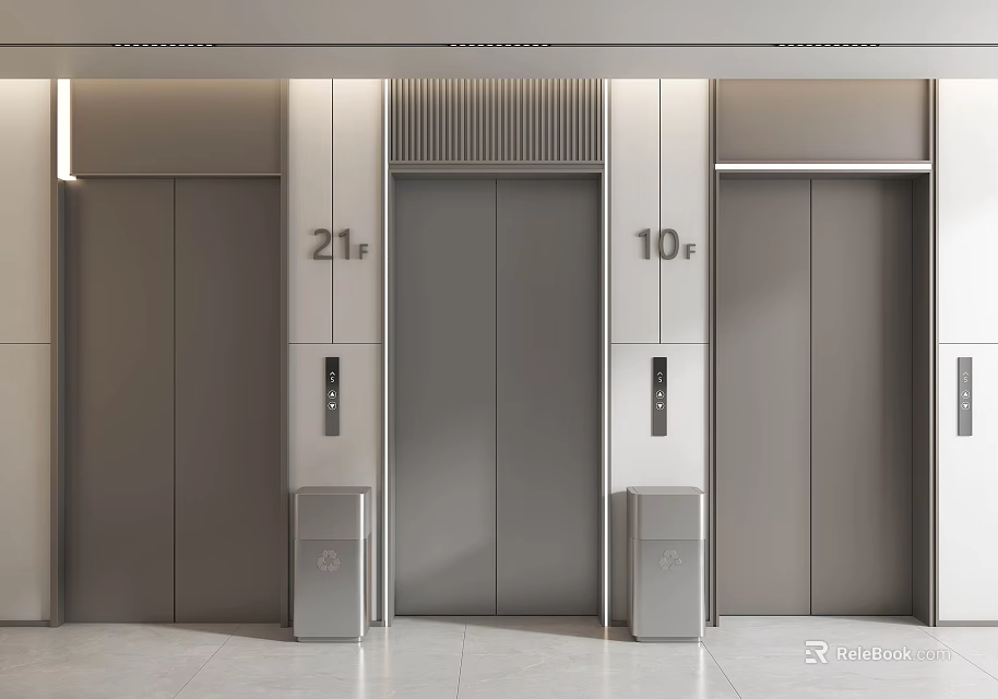 Modern Elevator Lobby With Metallic Doors Floor Numbers 21F 10F And Trash Bins 3d model 